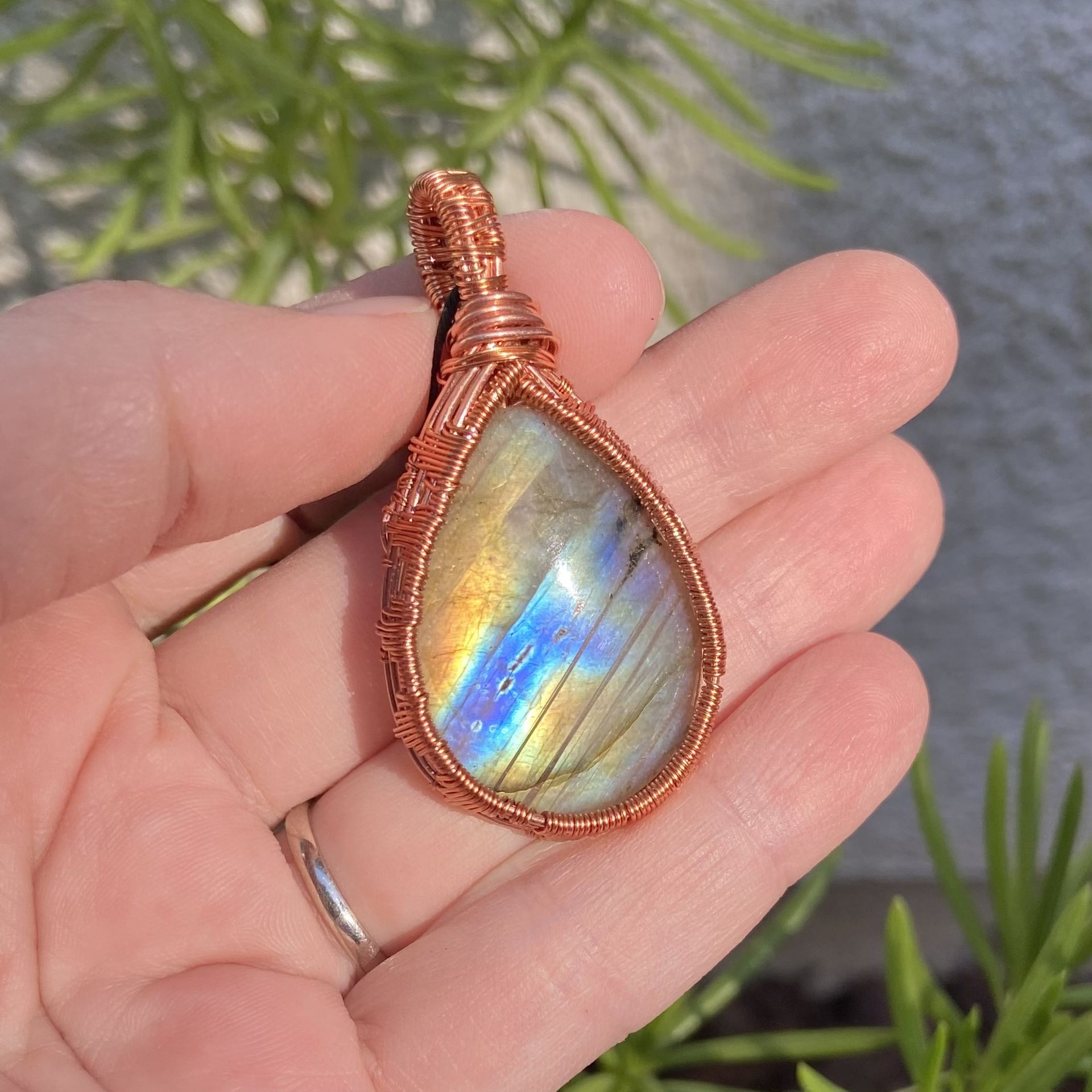 Handmade Copper Wire Wrapped Labradorite Pendant – Flashy Blue & Gold Tear Drop