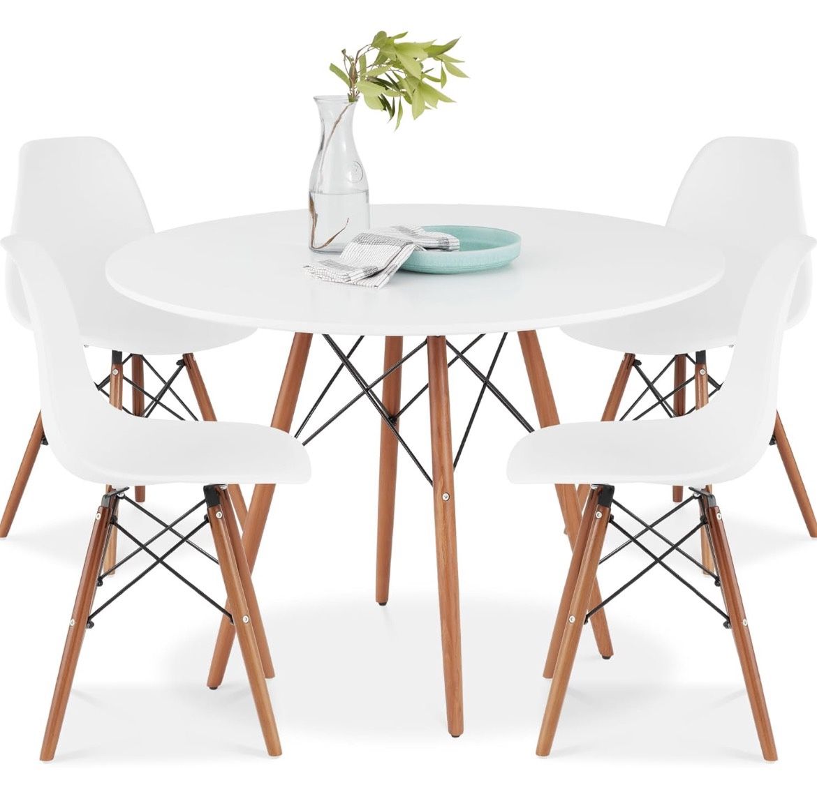 5 Piece Dining Set,  Table &  4 Chairs, Plastic Seats, Wooden Legs, Metal Frame - White/Walnut