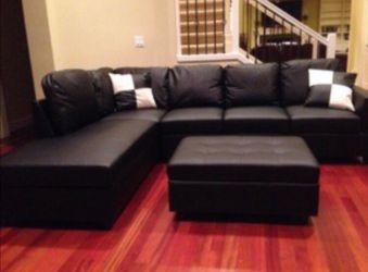 New Black Leather Sectional Sofa and Storage Ottoman (Brand New in Packaging)