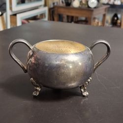 Vintage Silver-plated Sugar Bowl With Handles & Decorative Feet 2.75"H X 5"W