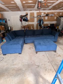 Blue Suede Sectional Sofa with Ottoman