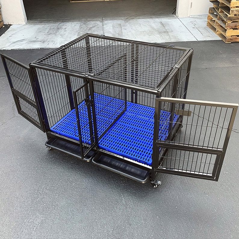 $190 (New in box) Folding heavy duty dog cage 41x31x34” double-door stackable kennel w/ divider, plastic tray