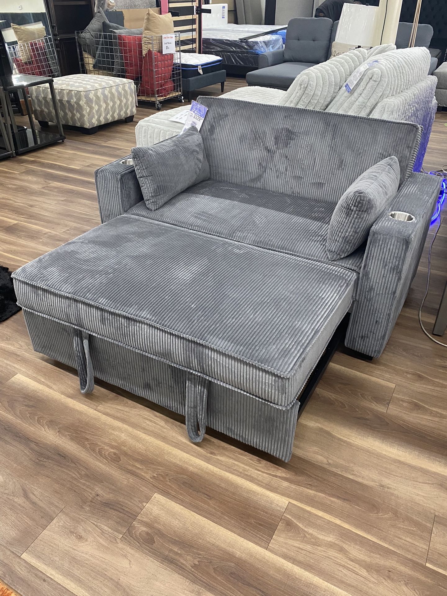 New Gray Corduroy Love Seat Couch With Pull Out Sofa Bed Sleeper Mattress