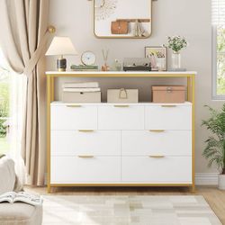 Modern 7 Drawer Dresser, White Dresser with Metal Handles, Tall Chest of Drawers