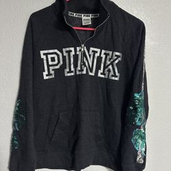 VICTORIA SECRET PINK BLING QUARTER ZIP CREW SWEATSHIRT