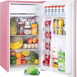 3.2 Cu.Ft Mini Fridge with Freezer, Single Door Mini Fridge, Dorm Fridge, Adjustable Thermostat, Mini Refrigerator for Bedroom, Office, Dorm, Pink-BR3
