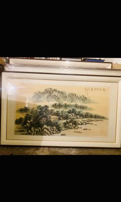 Vintage Korean Landscape Painting 63”x38” - Tranquil Village Scene