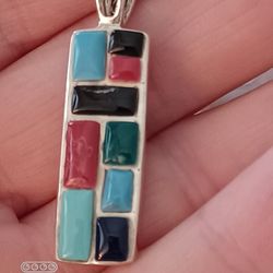 Vtg.Southwestern Sterling Silver Onyx,turquoise, Coral Pendant