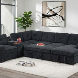 ✅️✅️4 pc black chenille fabric upholstered sectional sofa with USB pop up sleeper storage chaise✅️✅️