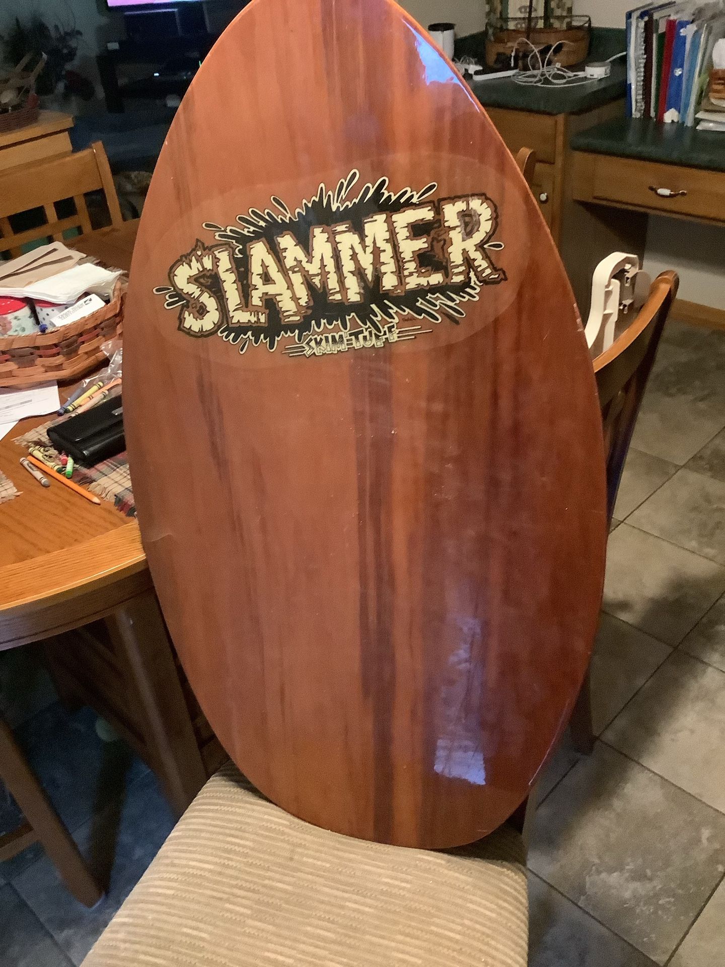 Slammer skim tuff skim board used good condition wooden skim board.   Solid Good Looking Boogie Board