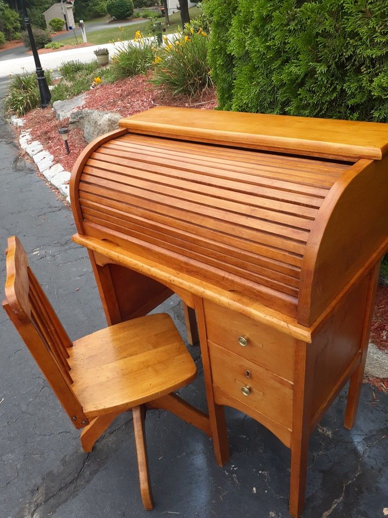 Child's Antique Roll Top Table And Chair