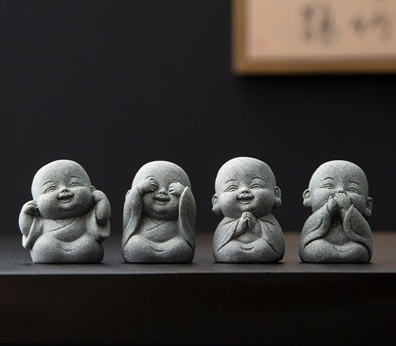 Laughing Buddha Statue Decor - 4Pcs Small Zen Monk Sandstone Buddha Sculpture for Wealth Good Luck Feng Shui Decor, Cute Zen Decoration for Home Offic