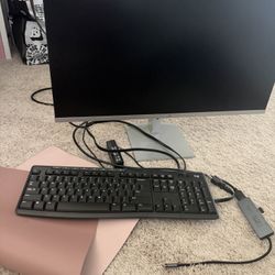 hp monitor with keyboard, mousepad, and hdmi adapter