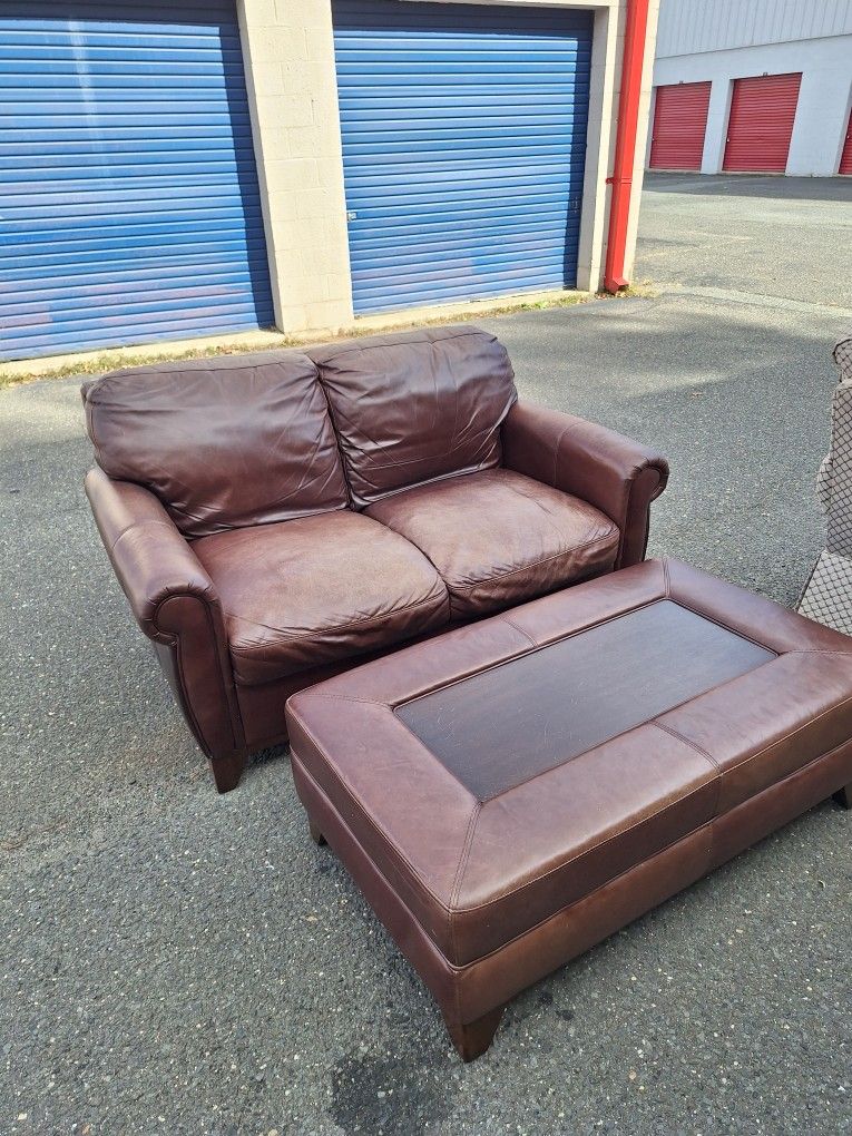 Leather Loveseat And Ottoman