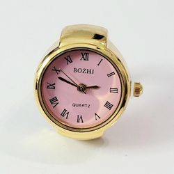 Unique gold with pink face round shape girl's women's ladies unisex ring watch gift
