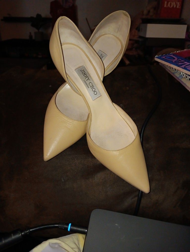 Jimmy Choo “Addison” Nude Kid Leather Pointed-Toe D’Orsay Pumps