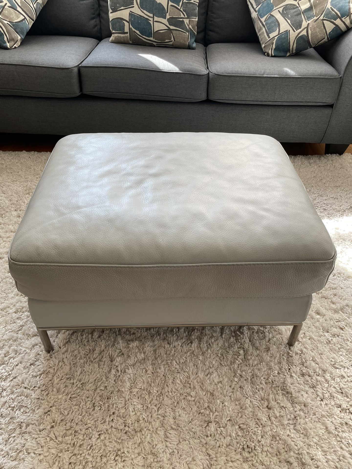 Grey Leather Ottoman 