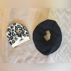 Roxy Cream Leopard Print Beanie Winter Hat & Black Cable Knit Infinity Scarf Set