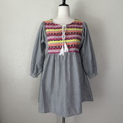 Velzera Boho Embroidered Striped Tassel Dress/Tunic Top