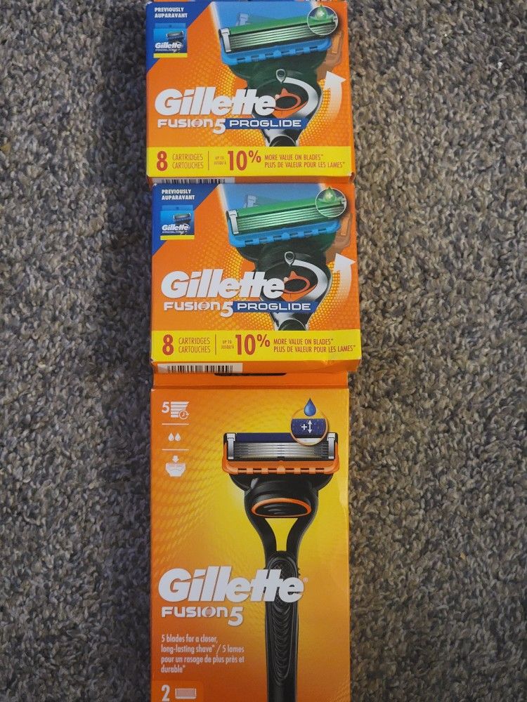 Gillette Fusion 5 Razor Handle With 2 Blades & 2 8 Count Boxes Of Gillette Proglide Razors