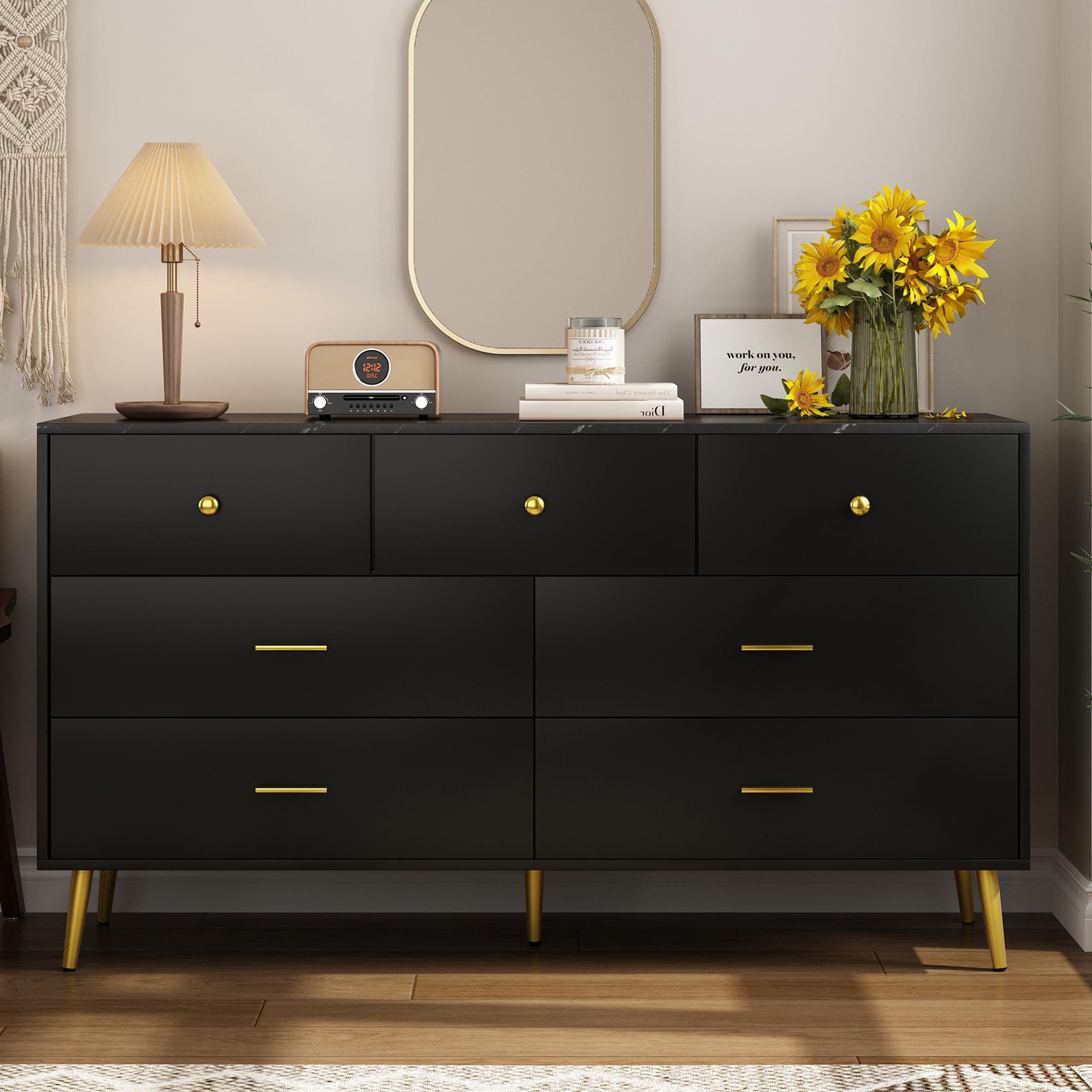 7 Drawer Dresser For Bedroom, 55-inch White Marble and Gold Dresser Chest of Drawers Wood Bedroom Organizer(Black Marbling-7 Drawers)