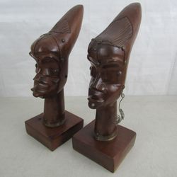 African Hand Carved Tribal Folk Art Wood Man & Woman Busts Signed 12"
Tall