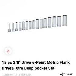 Snap On 15 pc 3/8" Drive 6-Point Metric Flank Drive® Xtra Deep Socket Set