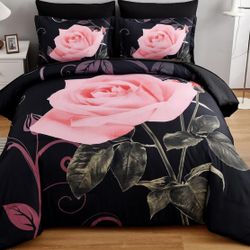 Blush Rose Print Queen Bedding Set