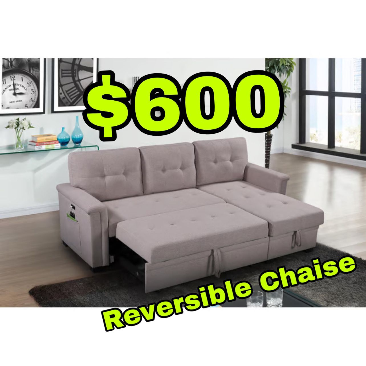 Beautiful New Sectional Sofa Bed W/ Reversible Storage Chaise & 2 USB Charging Ports in Light Gray Linen Only $600!!!