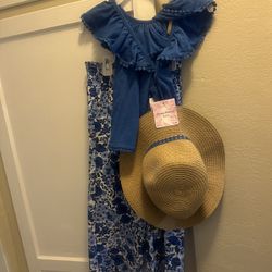 Tommy Bahamas Little Girls Outfit Size 5/6 Sun Hat, Shirt & Pants Set