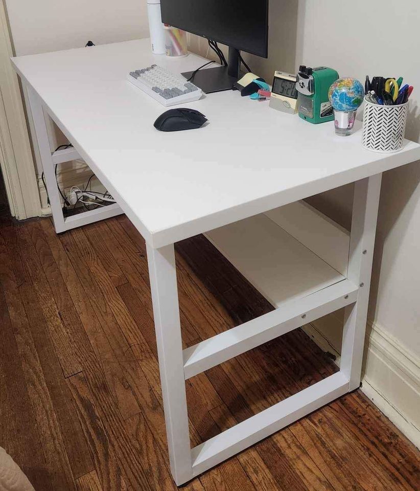 Sturdy office desk with shelf white color