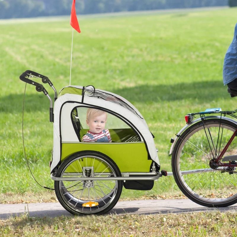 Brand New Aosom Elite 360 Swivel Bike Trailer for Kids Double Child Two-Wheel Bicycle Cargo Trailer With 5-Point Security Harnesses, Green，$110