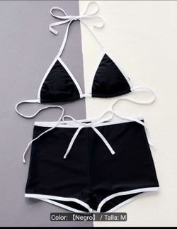 Women's Black/White Solid Triangle Halter Bikini Top & Boy Shorts Set Size M