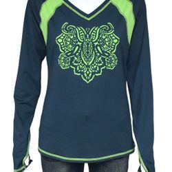 Athleta Seahawks Colors V-Neck Stretch Long Sleeve Thumb Hole Pullover Women’s Shirt