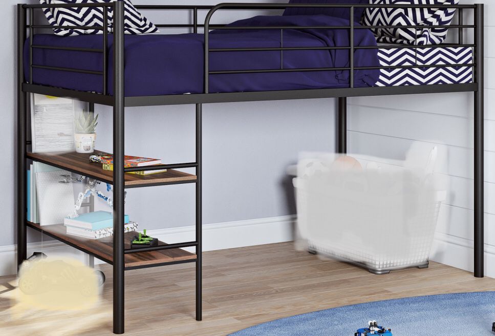 New!! Loft Bed, Furniture, Bed W/Shelving,Metal Loft Bed,Junior Loft Bed-TWIN