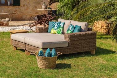 BRAND NEW Outdoor Daybed with Cushions - Patio Wicker & Teak Distressed Grey/Brown Sofa Set