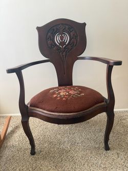 Antique Wood Armchair with Needlepoint Seat