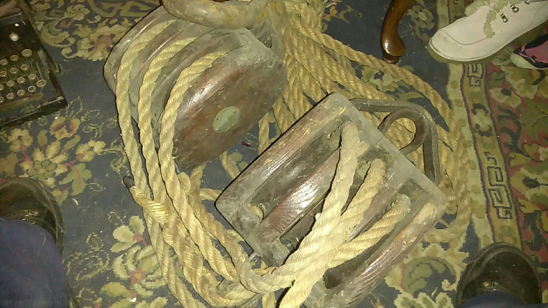 Vintage wood pulley system for skylining loggs
