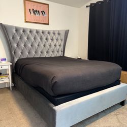 Velvet Wingback Queen Bed Frame – Tufted Headboard