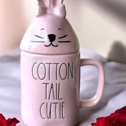 Rae Dunn Pink Easter Bunny Mug with Topper Cotton Tail Cutie