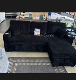 2-pc Sectional sofa with pull-out bed & storage black Corduroy
