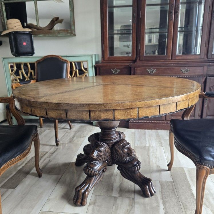 Renaissance Revival Style Tooled Leather Clad Top Center Table plus 3 chairs antique vintage round