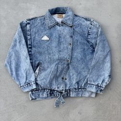 Blue denim bomber jacket with embroidered logo, tie waist and button front bomber size Large 