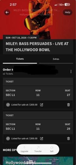 2x Miley Cyrus Hollywood Bowl Tickets Sunday Oct 18th 2026