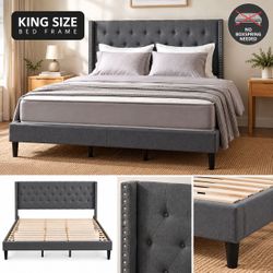 King size Bed. Tufted Upholstered Wingback Platform Bed. NO BOXSPRING NEEDED. GRAY