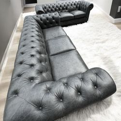 Free Delivery Grey Leather Chesterfield Couch 