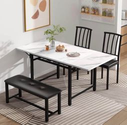 4-Piece Faux Marble Drop Leaf Dining Table with Storage Rack, Space Saving Breakfast Nook Table Set with 2 Backrest Chairs and 1 Upholstered Bench, Ki