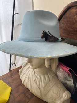 Vintage Light Blue Wide Brim wool Hat with Feather