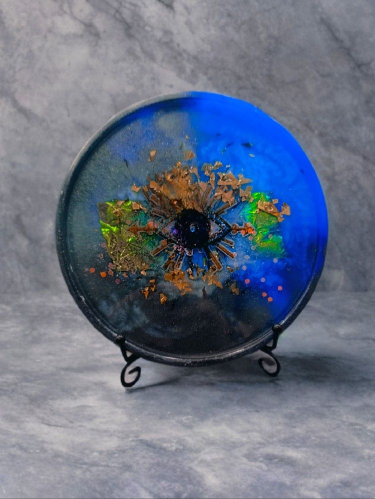 boho decor plate various blues and evil eye