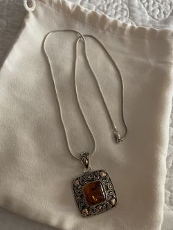 18k & 925 silver pendant with amber and 22”silver necklaces